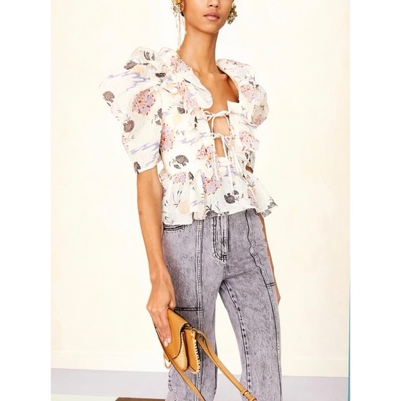 NWOT Ulla Johnson Puff-Sleeve Ruffle Peplum Silk-Blend Fannie Floral Top - Picture 4 of 7